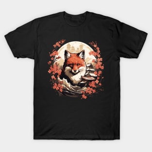 Red Fox Japanese Art with Sakura Trees T-Shirt